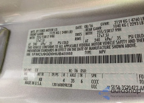 2017 Ford Escape Se from USA, damaged, VIN 1FMCU9GD0HUB45988